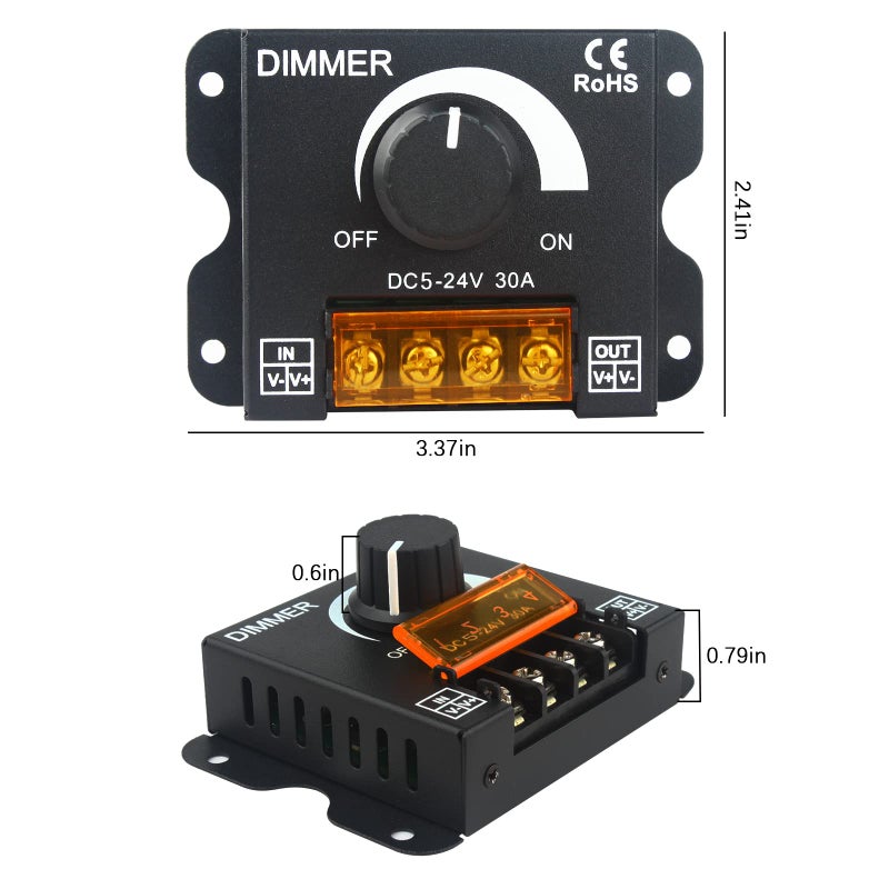 RGBZONE Single Color LED Light Strip Dimmer, DC 5V/12V/24V 30A PWM LED Dimming Controller, Knob Adjust Brightness ON/Off Switch for Single Channel Light Strips - Image 2